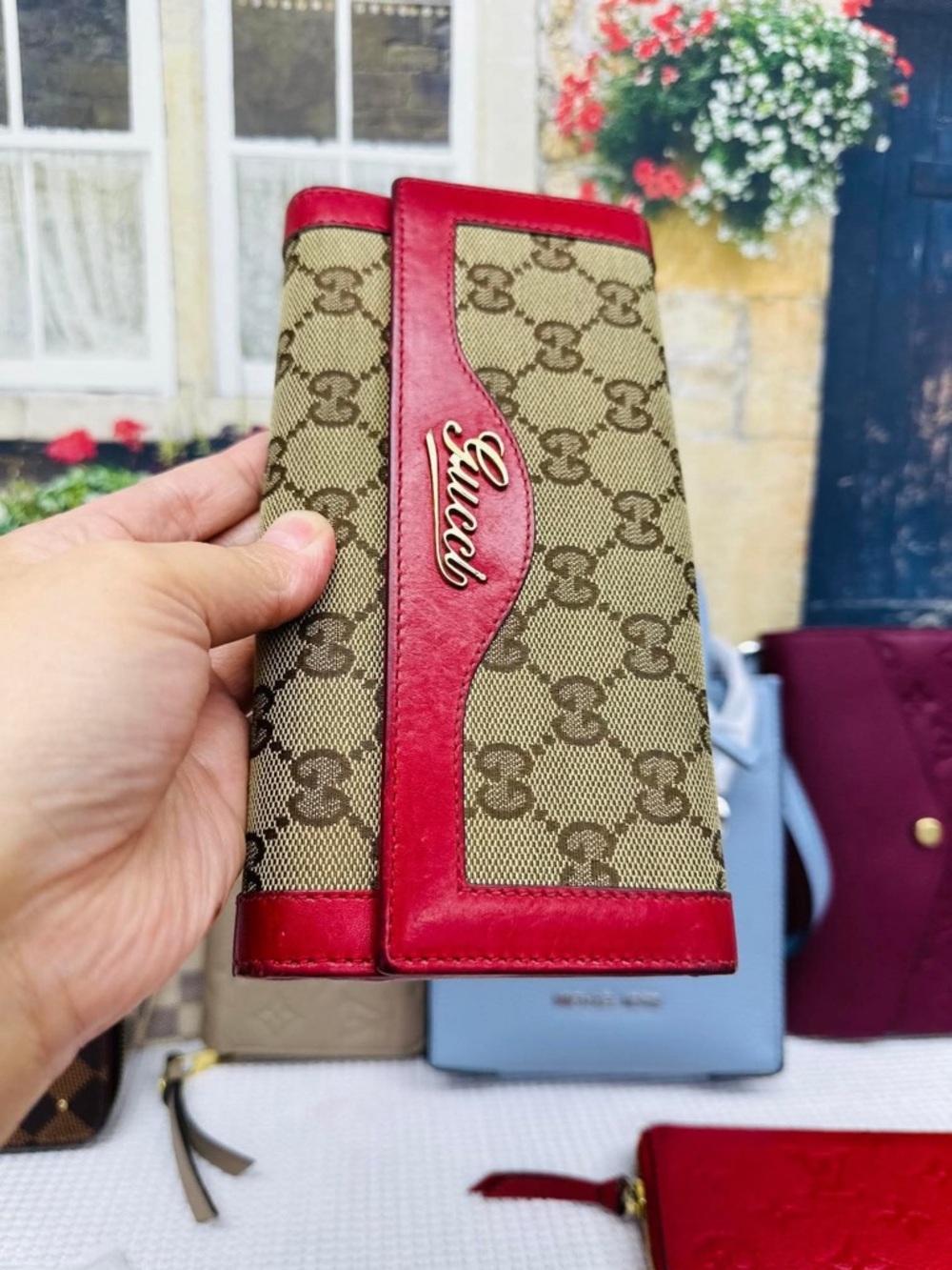 Gucci Beige GG Canvas Wallet with Red Leather Trim